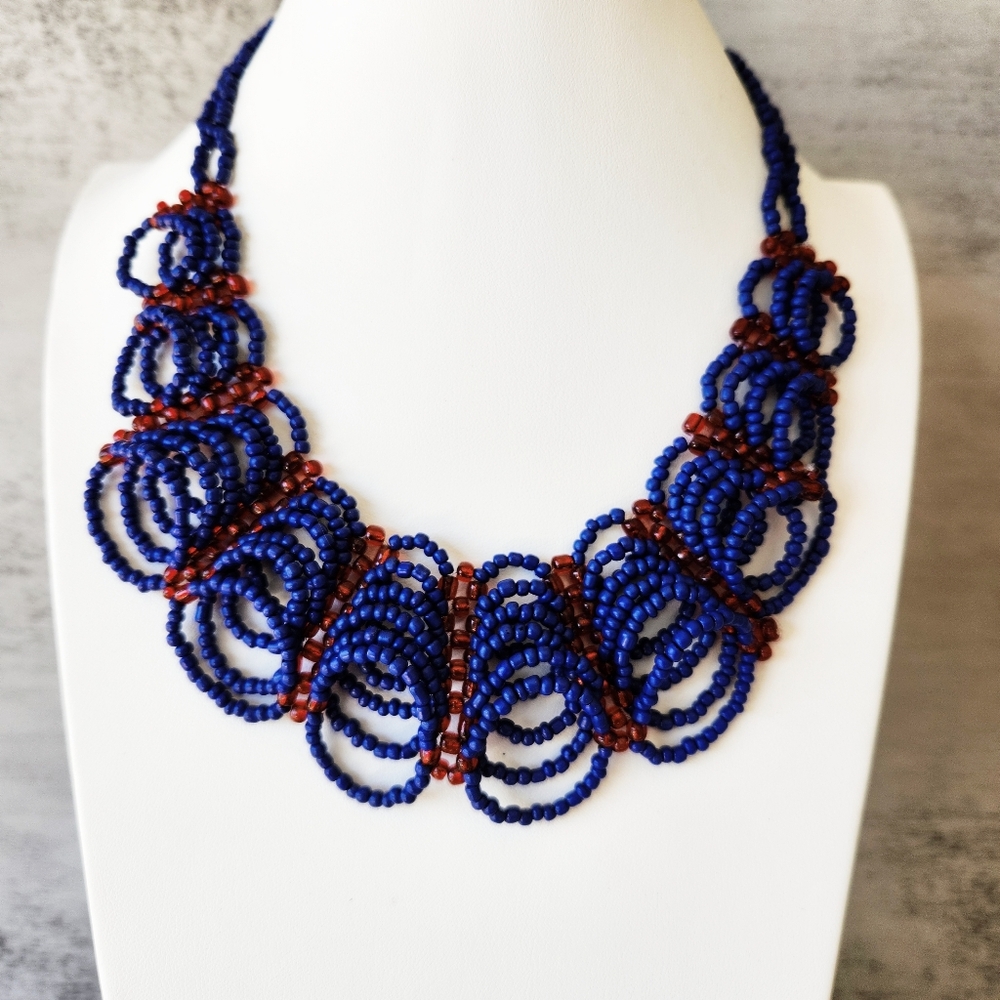 Vintage Teng Yue Glass Beaded Blue Red 3D Statement Necklace Unique